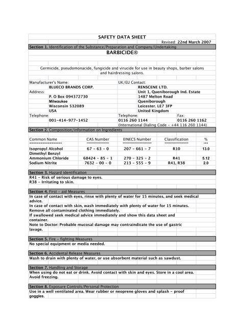 Barbicide Safety Data Sheet PDF - Barbicide Hair Products Barbicide Safety Data Sheet PDF - Barbicide Hair Products