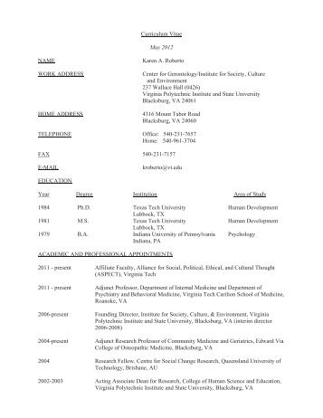 Curriculum Vitae May 2012 NAME Karen A. Roberto WORK ...