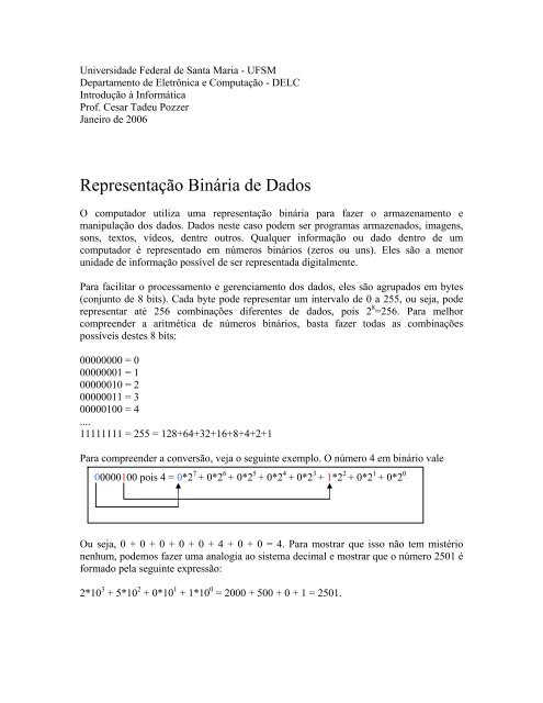 RepresentaÃ§Ã£o BinÃ¡ria de Dados - InformÃ¡tica UFSM