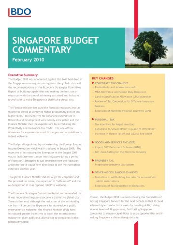 SINGAPORE BUDGET COMMENTARY - bdo singapore