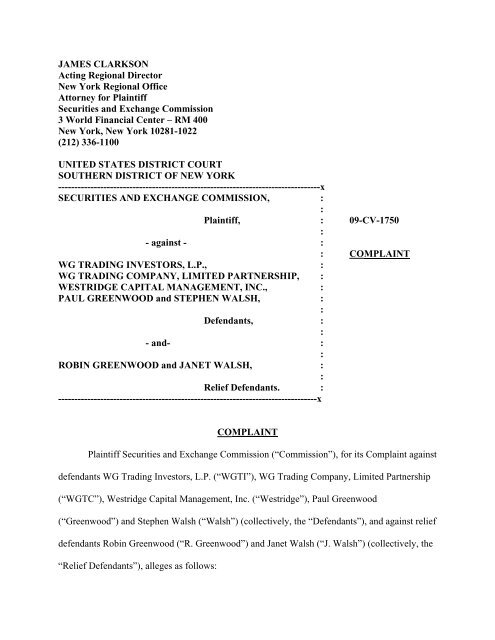 SEC Complaint: WG Trading Investors, L.P., et al. - FINRA - Rules ...