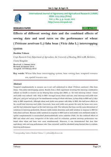 Effects of different sowing date and the combined effects of sowing date and seed rates on the performance of wheat (Triticum aestivum L.)/faba bean (Vicia faba L.) intercropping system