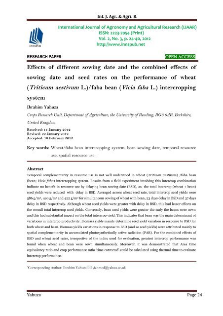 Effects of different sowing date and the combined effects of sowing date and seed rates on the performance of wheat (Triticum aestivum L.)/faba bean (Vicia faba L.) intercropping system