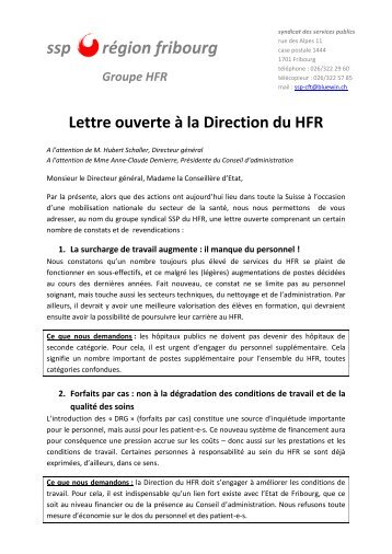 Lettre ouverte à la Direction du HFR - Syndicat des Services Publics ...
