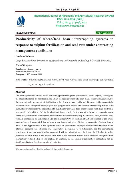 Productivity of wheat/faba bean intercropping systems in response to sulphur fertilization and seed rate under contrasting management conditions