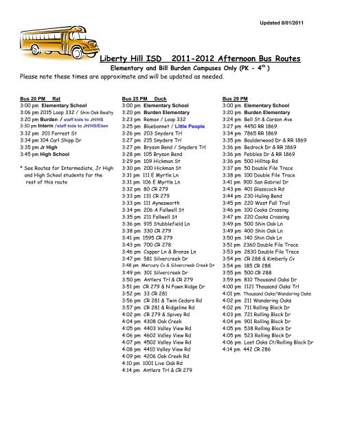 Liberty Hill ISD 2011-2012 Afternoon Bus Routes