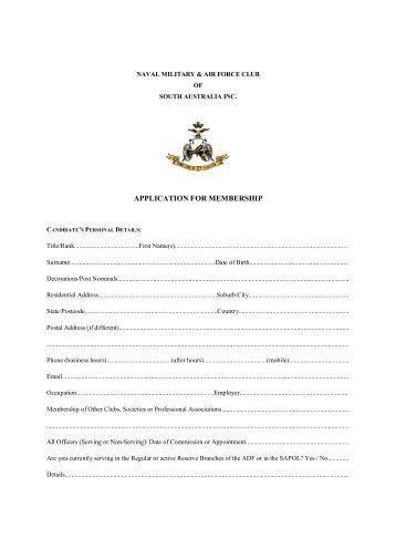 Application Form - Naval, Military and Air Force Club of South Australia