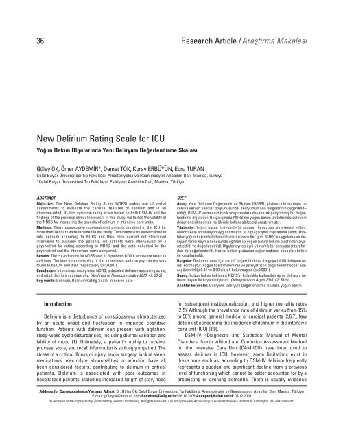 New Delirium Rating Scale for ICU - NÃ¶ropsikiyatri ArÅivi Dergisi