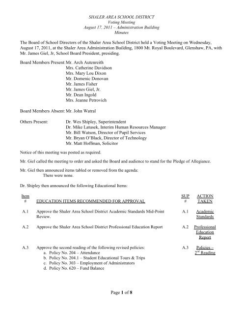 Page 1 Of 8 Shaler Area School District Shaler Area School Calendar