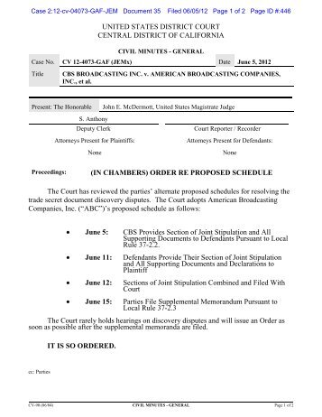 (IN CHAMBERS) ORDER RE PROPOSED SCHEDULE The Court ...