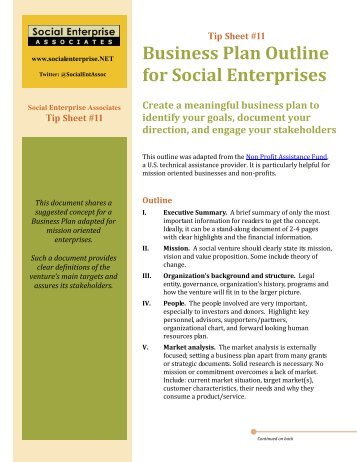 Tip Sheet #11: Business Plan Outline for Social Enterprises