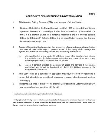 SBD 9 CERTIFICATE OF INDEPENDENT BID DETERMINATION