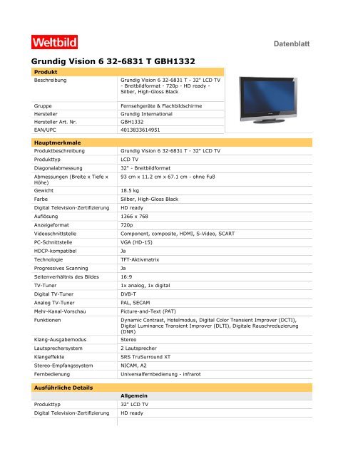 Grundig Vision 6 32-6831 T GBH1332 - Weltbild.de