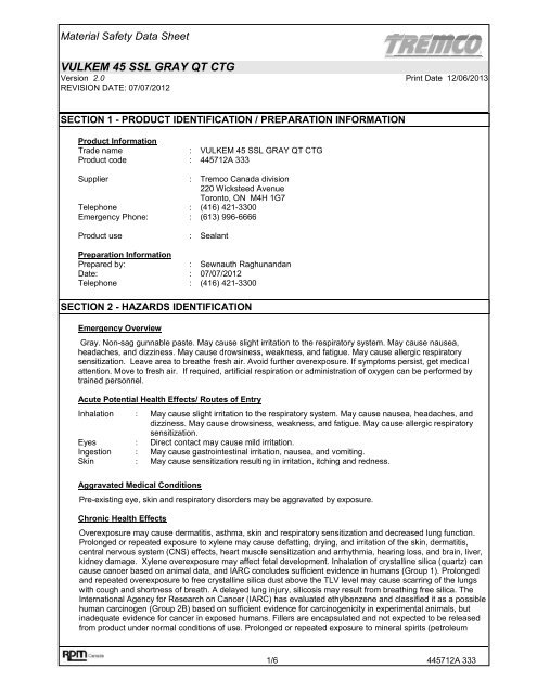 Vulkem 45SSL Gray MSDS - Tremco Sealants