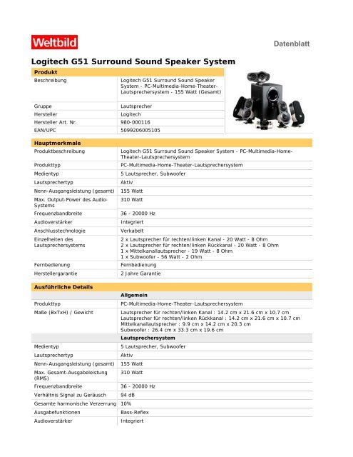 Logitech G51 Surround Sound Speaker System - Weltbild.at