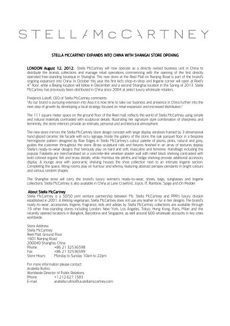 Stella McCartney shanghai store opening press release FINAL ENG