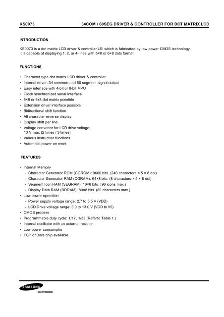 ks0073 34com / 60seg driver & controller for dot matrix lcd