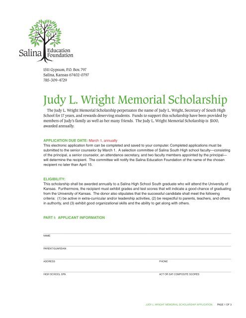 Judy L. Wright Memorial Scholarship - Salina Education Foundation