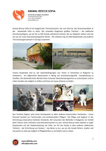 1 www.ARSofia.com office@arsofia.com Animal Rescue Sofia ist ein ...