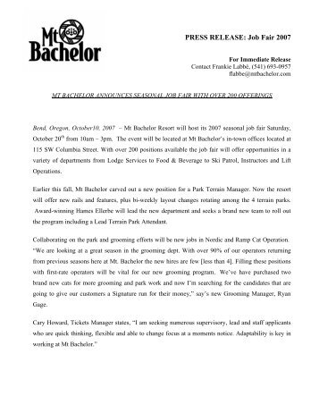 PRESS RELEASE: Job Fair 2007 - Mt. Bachelor