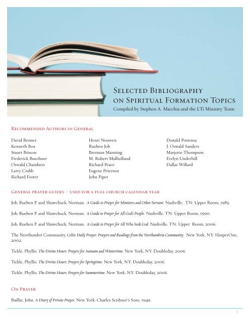 Selected Bibliography On Spiritual Formation Topics