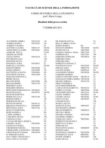 Storia della Filosofia - Risultati del 07/02/2011 (pdf, it, 10 KB, 2/9/11)