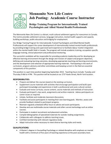 Academic Course Instructor - Mennonite New Life Centre of Toronto
