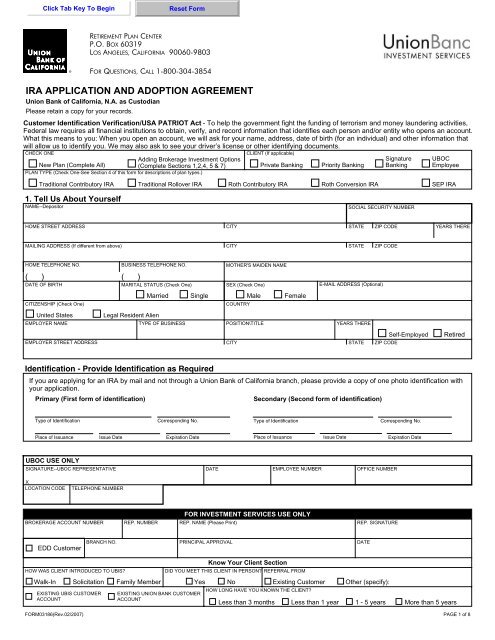 Ira Application And Adoption Agreement Union Bank