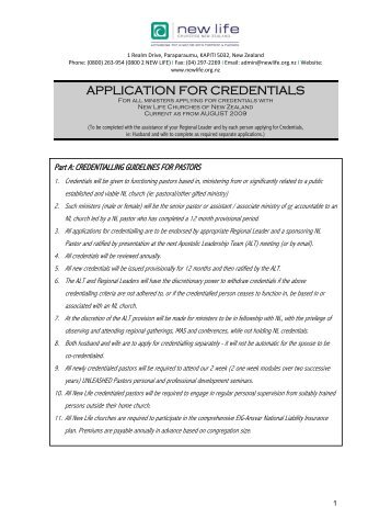 APPLICATION FOR CREDENTIALS - New Life Churches International