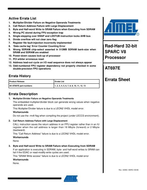 Rad-Hard 32-bit SPARC V8 Processor AT697E Errata Sheet - DIT