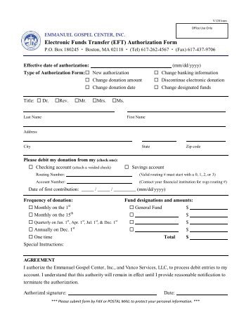 Download the EFT Authorization Form - Emmanuel Gospel Center