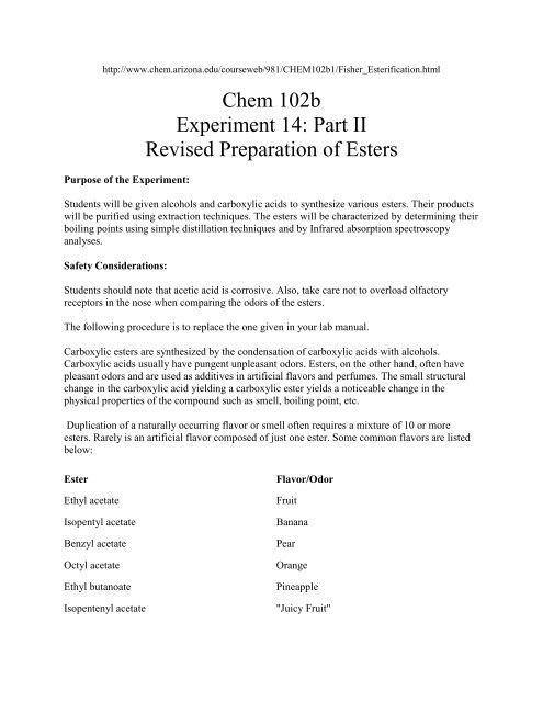 Chem 102b Experiment 14: Part II Revised Preparation of Esters