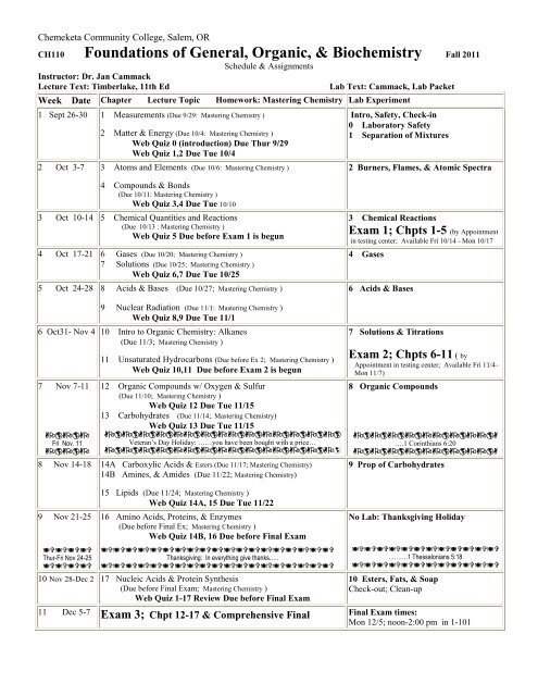 Chem 110 Foundations of General, Organic, and Biochemistry