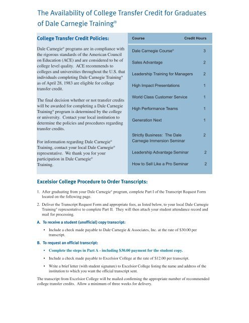 Excelsior College Transfer Credit Form Dale Carnegie Training