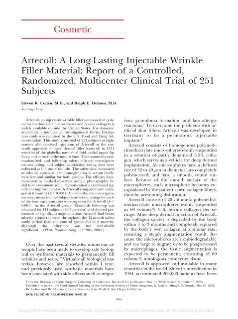 Cosmetic Artecoll: A Long-Lasting Injectable Wrinkle Filler Material ...