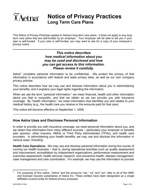 Notice of Privacy Practices Long Term Care Plans