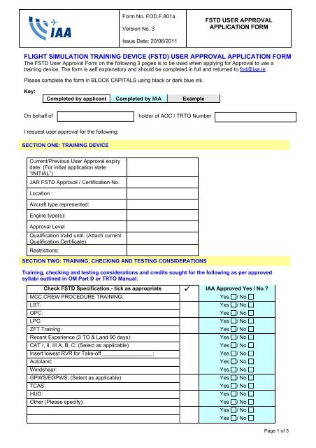 (FSTD) User Approval Application Form - Irish Aviation Authority
