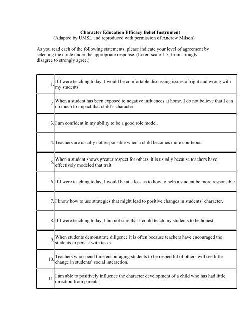 Teacher Efficacy Rating scale from UMSL - Character Education ...