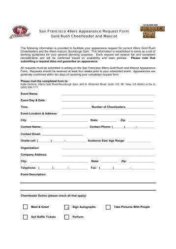 San Francisco 49ers Appearance Request Form Gold Rush ...