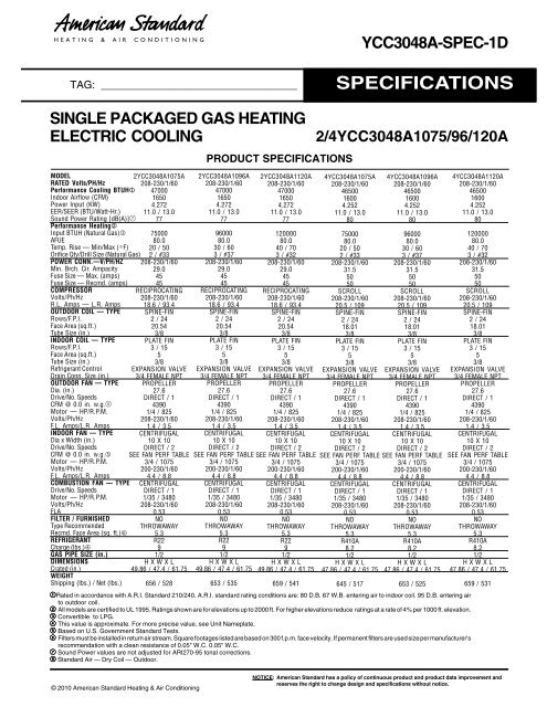 American Standard Specification Single Packaged GAS HEATING ...