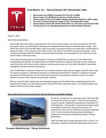 Tesla Motors, Inc. â Second Quarter 2013 Shareholder Letter