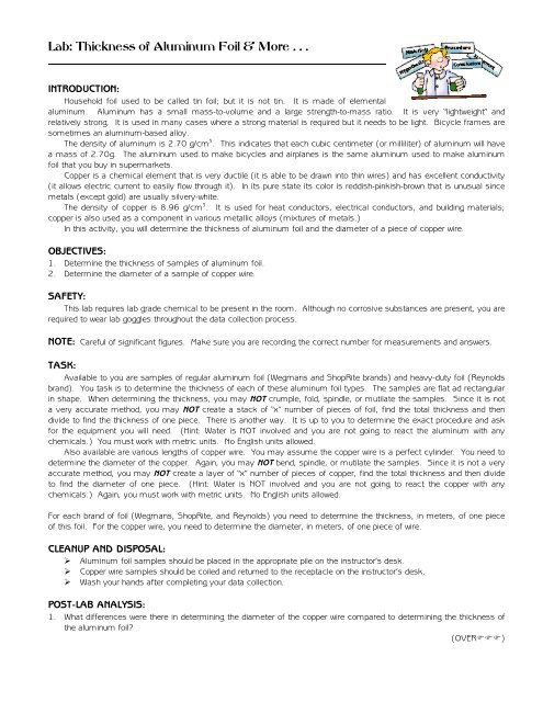 Lab: Thickness of Aluminum Foil &amp; More - Honors Chemistry ...