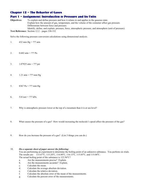 Chapter 12 ASSIGNMENTS - Honors Chemistry Coursework