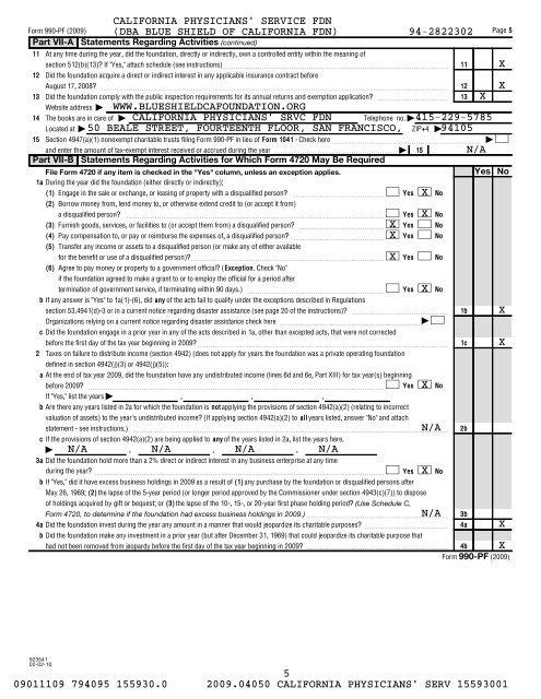 IRS Form 990-PF for 2009 - Blue Shield of California Foundation