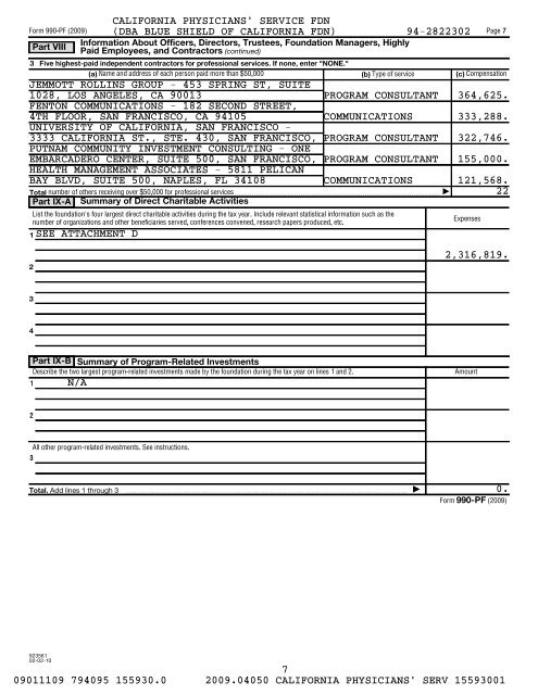 IRS Form 990-PF for 2009 - Blue Shield of California Foundation