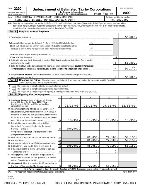 IRS Form 990-PF for 2009 - Blue Shield of California Foundation