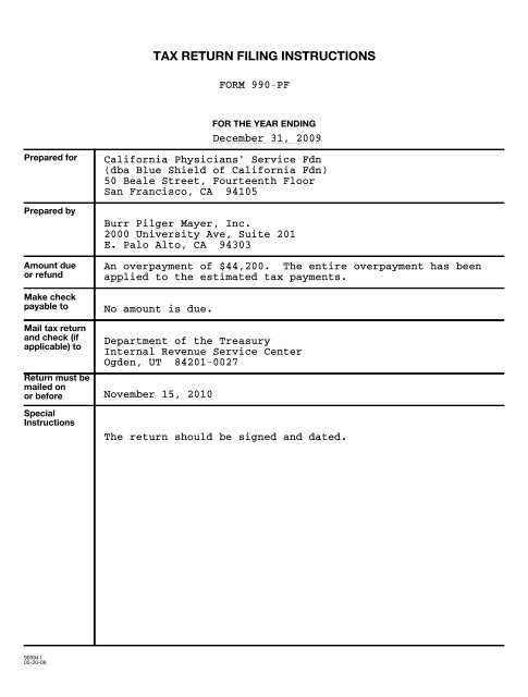 IRS Form 990-PF for 2009 - Blue Shield of California Foundation