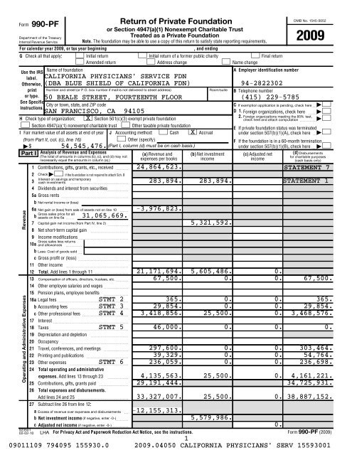 IRS Form 990-PF for 2009 - Blue Shield of California Foundation