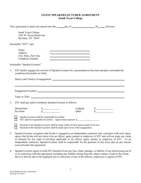 GUEST SPEAKER/LECTURER AGREEMENT South Texas College