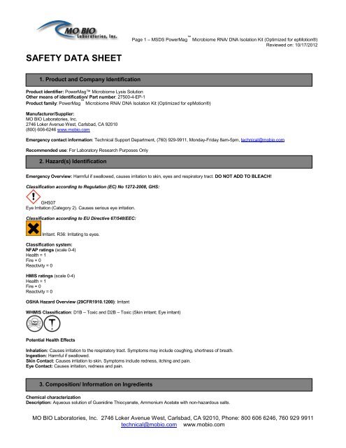 Safety Data Sheet Mo Bio Laboratories Inc